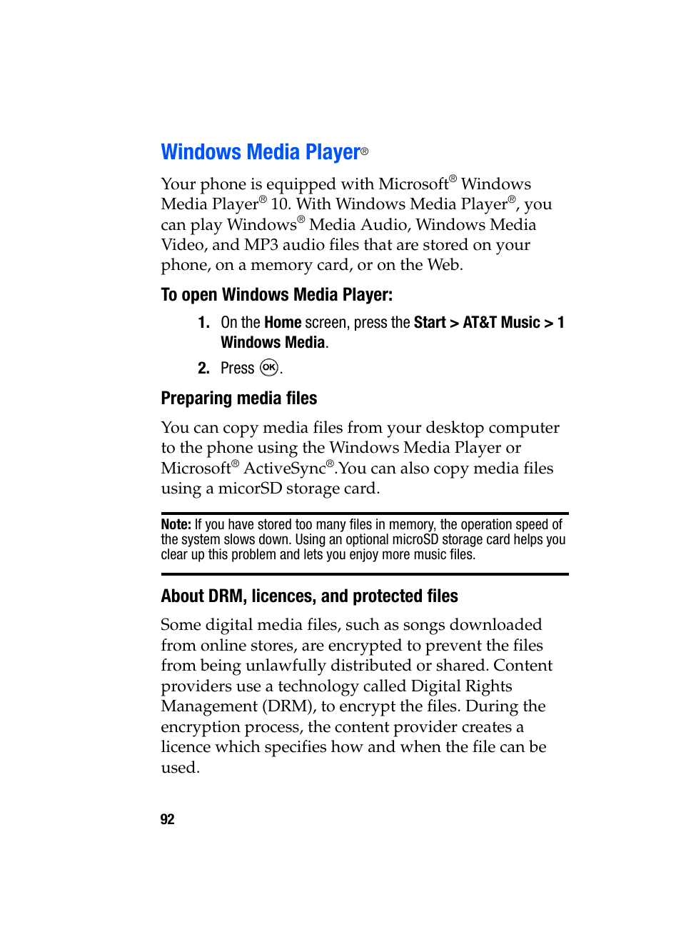 Windows media player, Preparing media files, About drm, licences, and protected files | Samsung SGH-i607 User Manual | Page 92 / 223