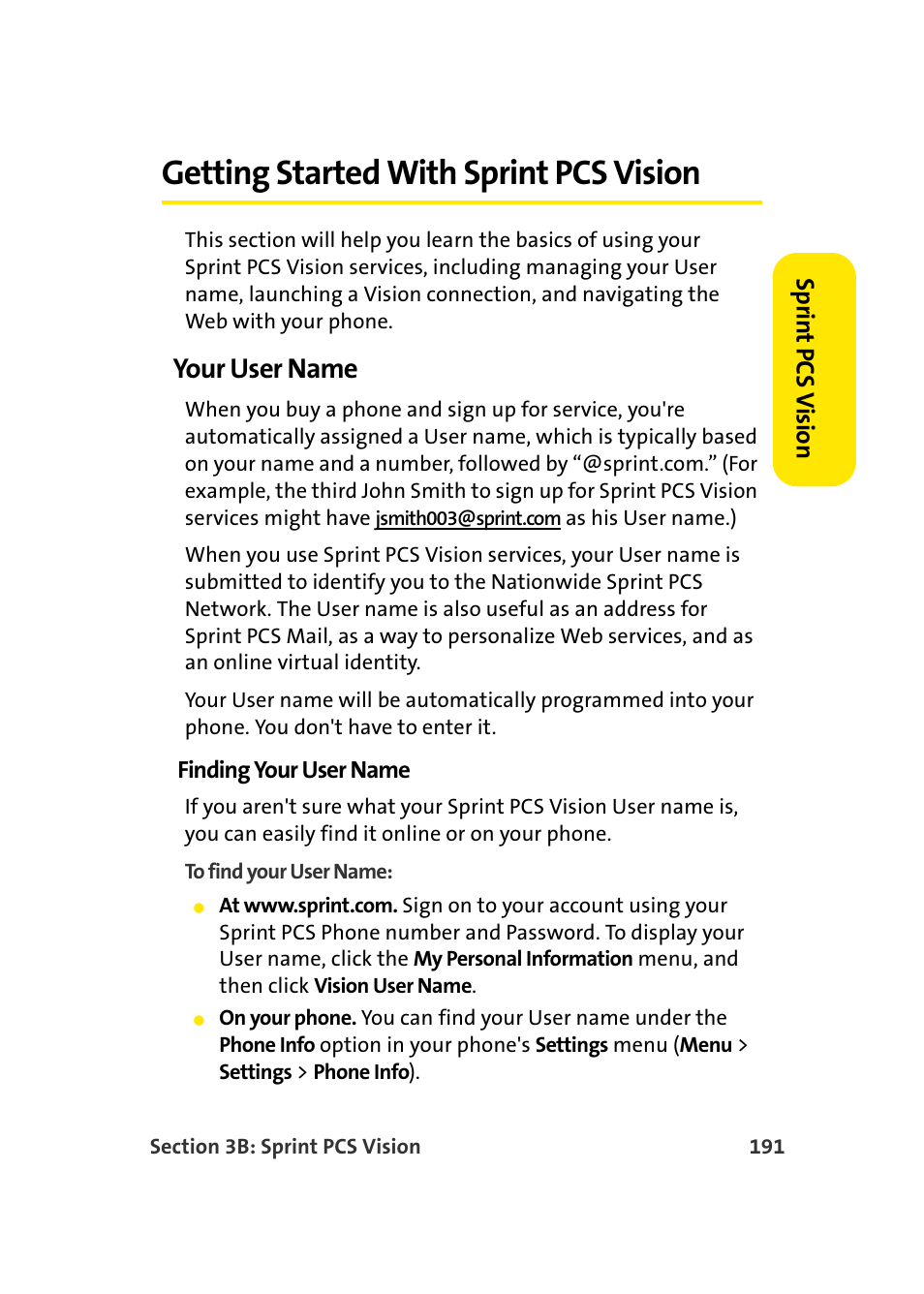 Getting started with sprint pcs vision, Your user name | Samsung A960 User Manual | Page 215 / 272