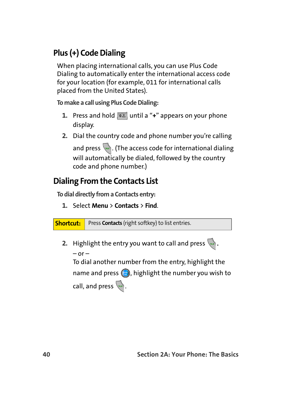 Plus (+) code dialing, Dialing from the contacts list | Samsung A960 User Manual | Page 64 / 272
