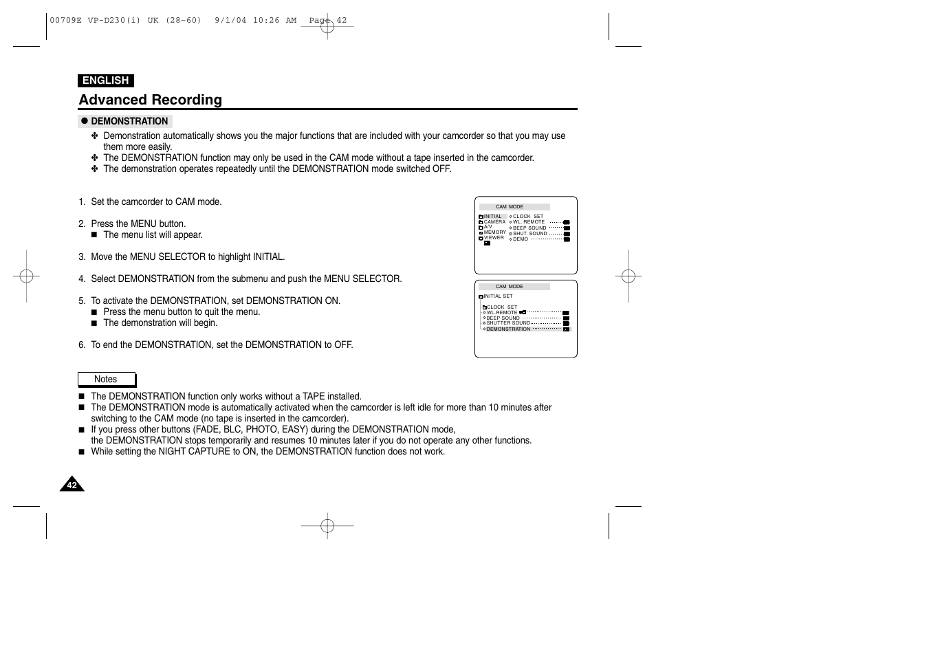Demonstration, Advanced recording | Samsung VP-D200 User Manual | Page 42 / 108