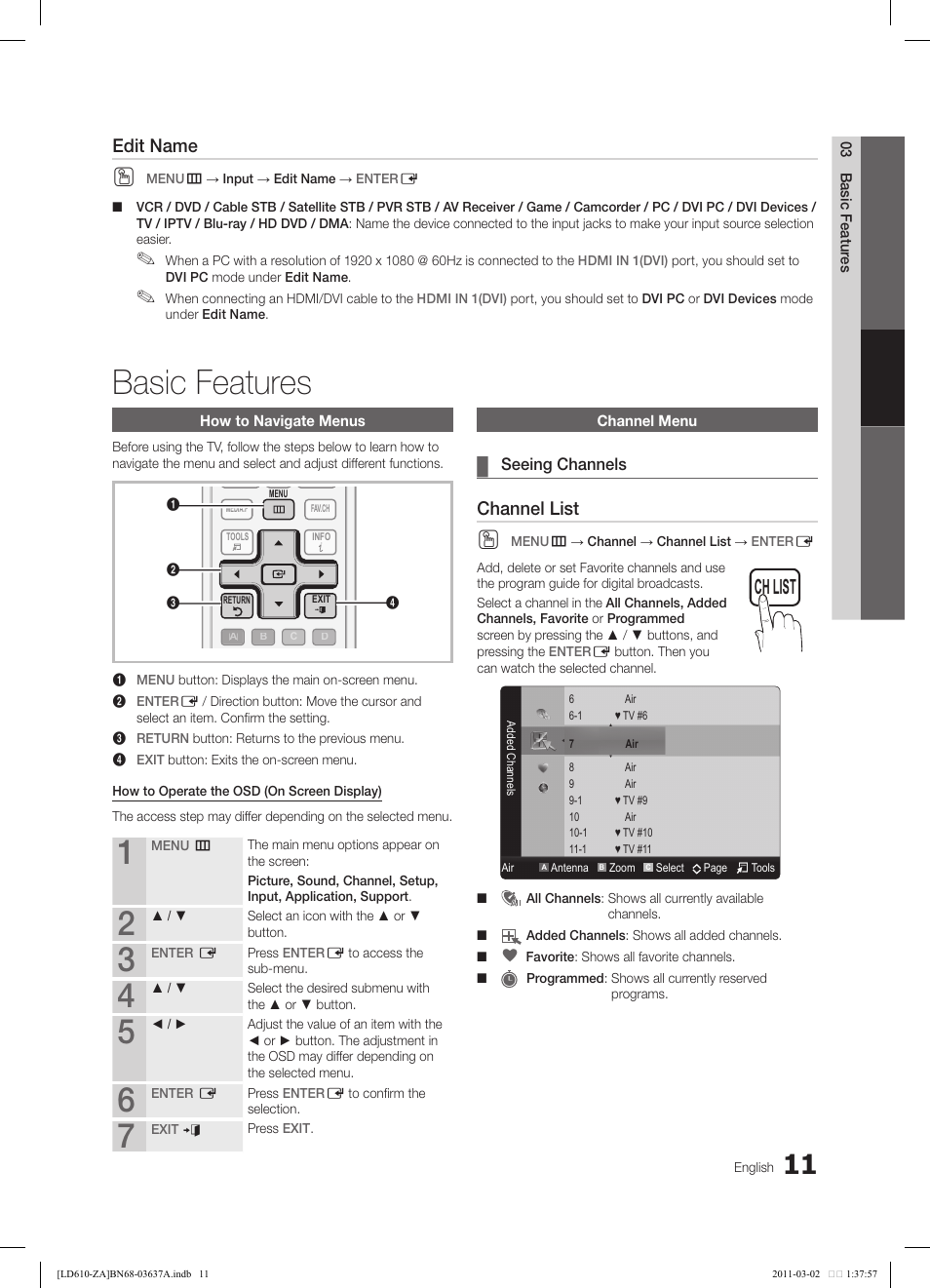 Basic features, Channel list, Edit name | Samsung 610 User Manual | Page 11 / 51