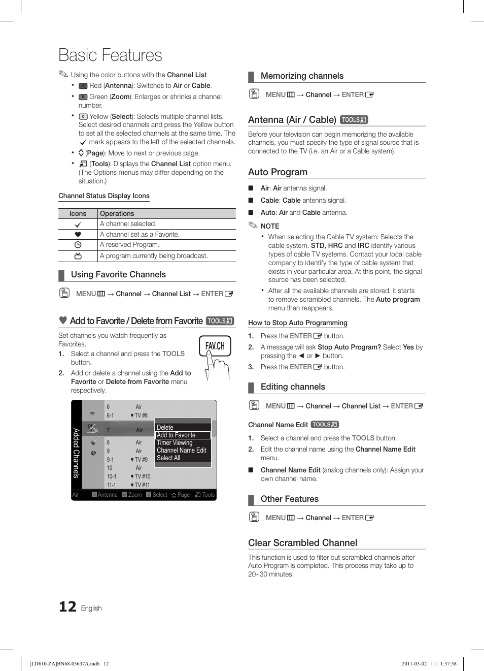 Basic features, Add to favorite / delete from favorite, Antenna (air / cable) | Auto program, Clear scrambled channel | Samsung 610 User Manual | Page 12 / 51