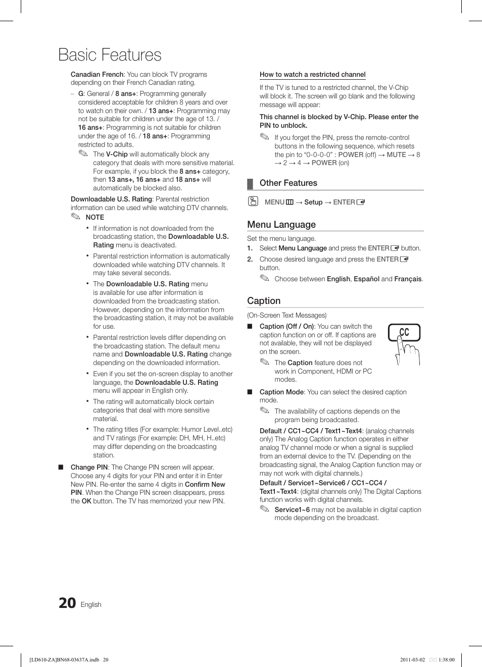 Basic features | Samsung 610 User Manual | Page 20 / 51