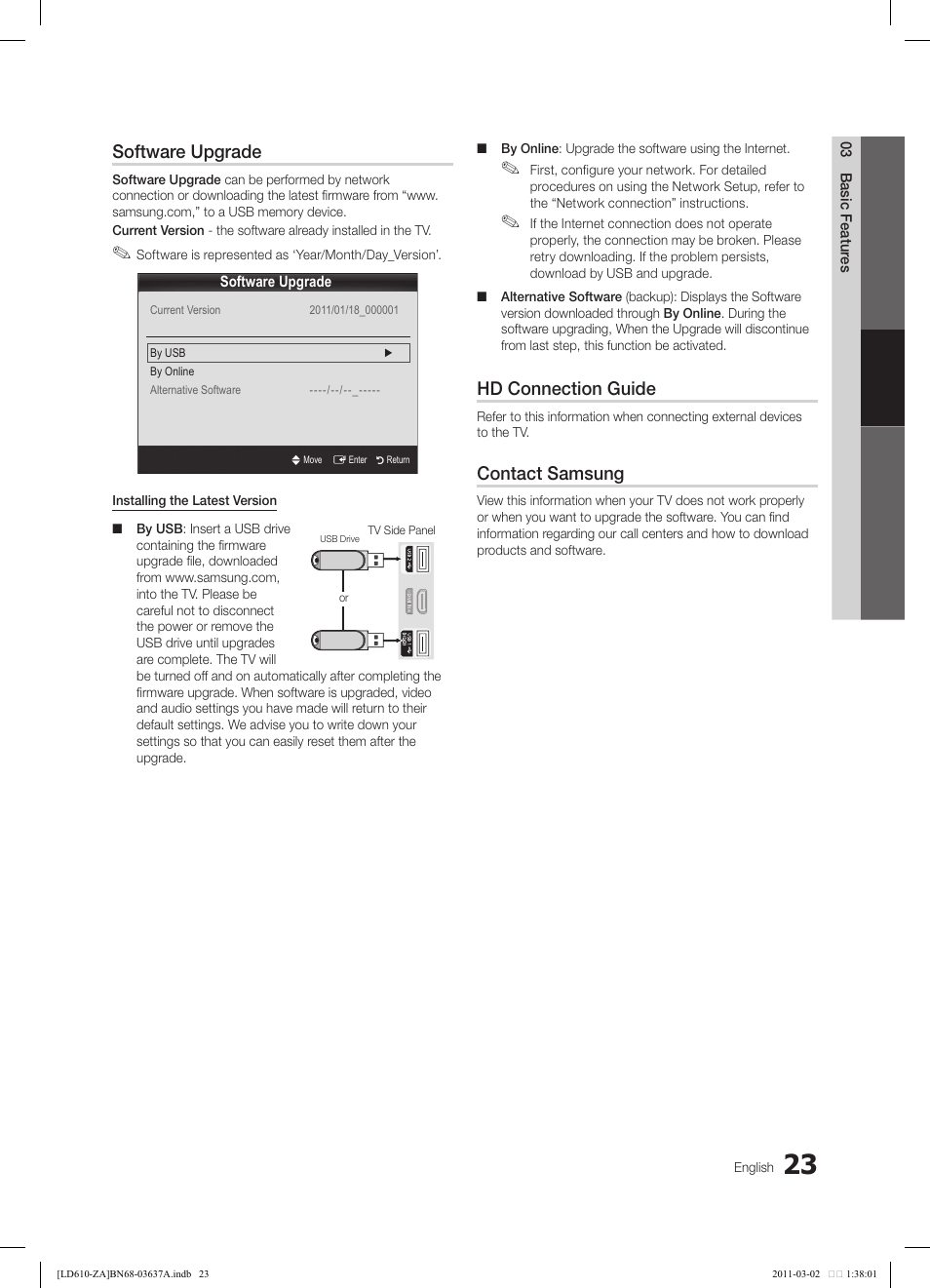 Software upgrade, Hd connection guide, Contact samsung | Samsung 610 User Manual | Page 23 / 51