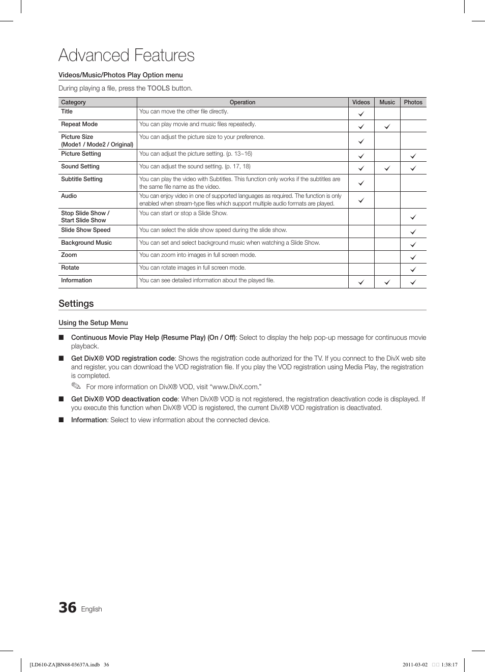 Advanced features, Settings | Samsung 610 User Manual | Page 36 / 51