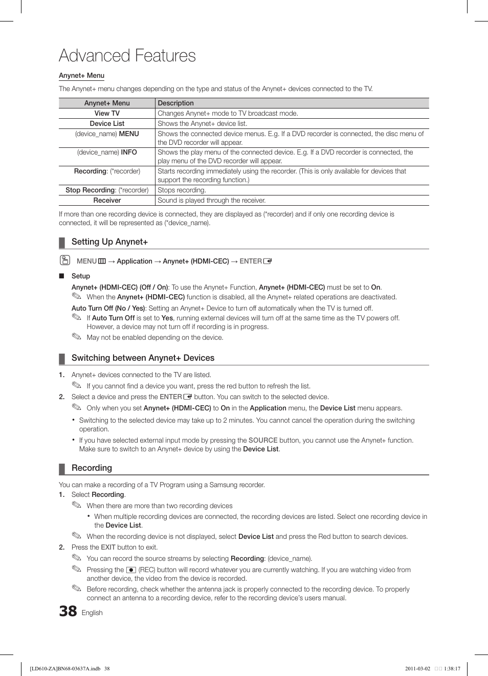 Advanced features | Samsung 610 User Manual | Page 38 / 51