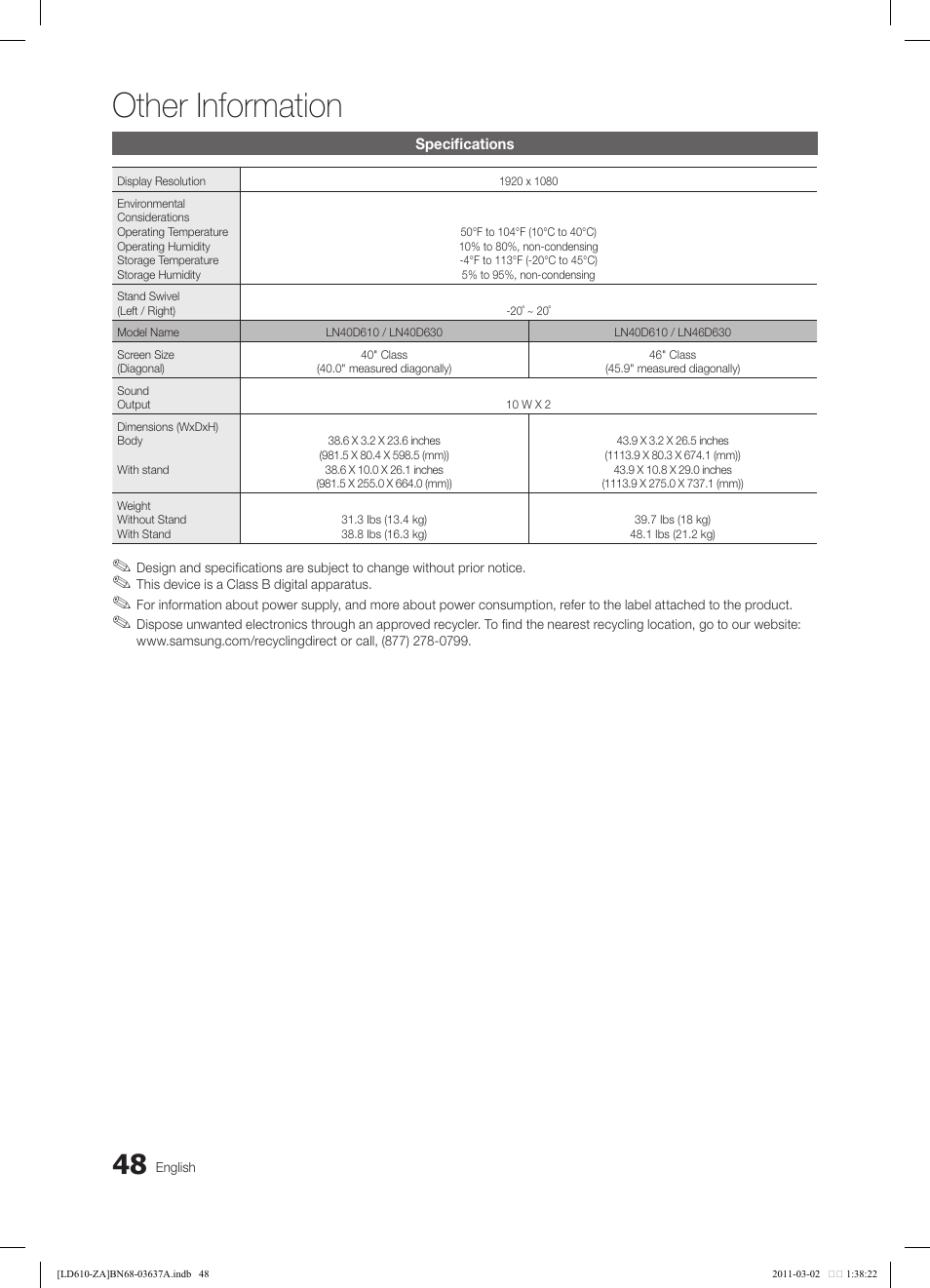 Other information | Samsung 610 User Manual | Page 48 / 51