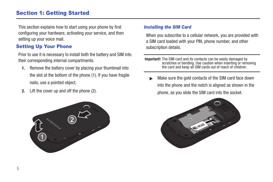 Section 1: getting started, Setting up your phone | Samsung Evergreen a667 User Manual | Page 10 / 153