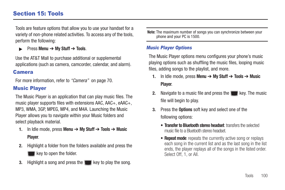 Section 15: tools, Camera, Music player | Camera music player | Samsung Evergreen a667 User Manual | Page 105 / 153