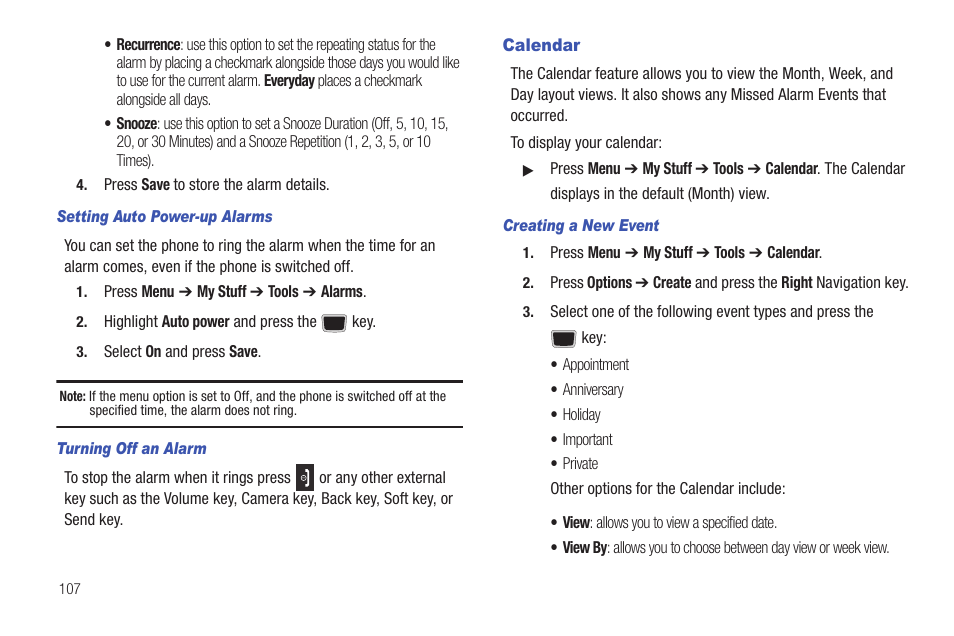 Calendar | Samsung Evergreen a667 User Manual | Page 112 / 153