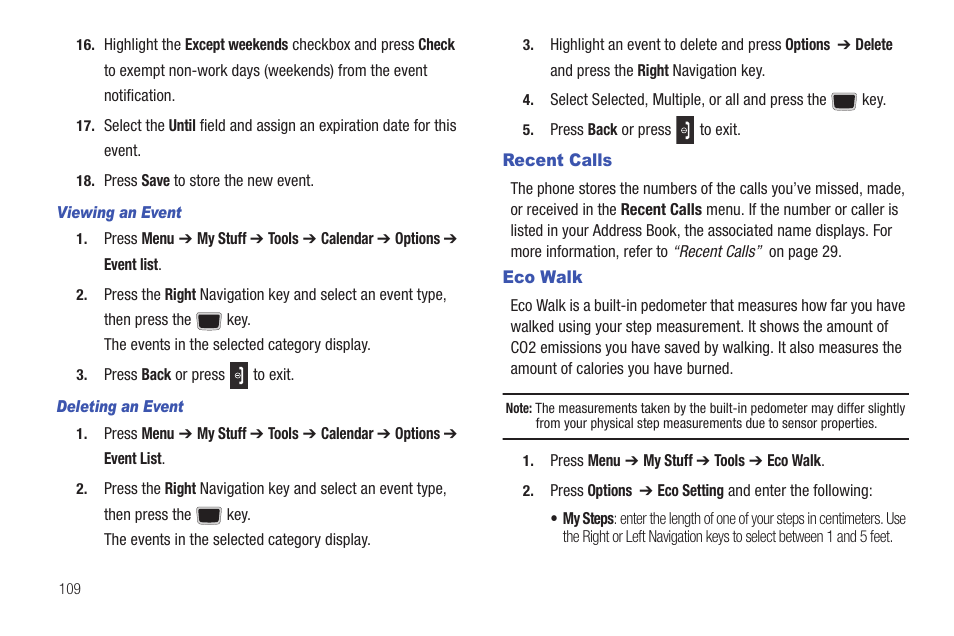 Recent calls, Eco walk, Recent calls eco walk | Samsung Evergreen a667 User Manual | Page 114 / 153