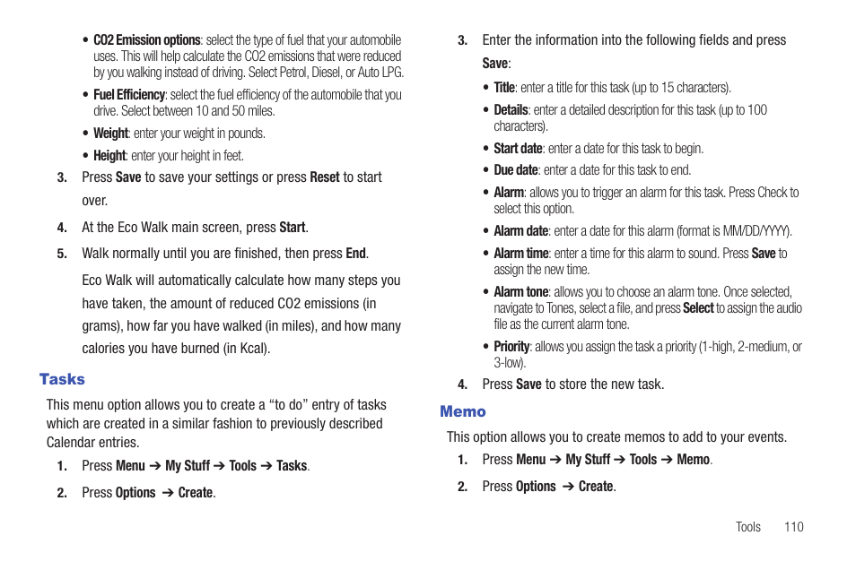 Tasks, Memo, Tasks memo | Samsung Evergreen a667 User Manual | Page 115 / 153