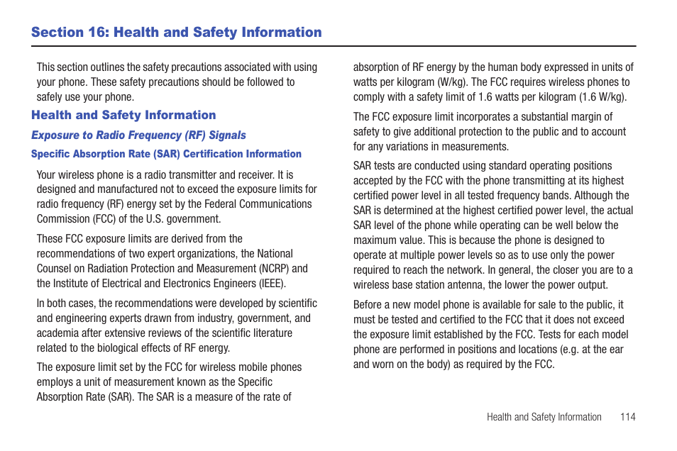 Section 16: health and safety information, Health and safety information | Samsung Evergreen a667 User Manual | Page 119 / 153