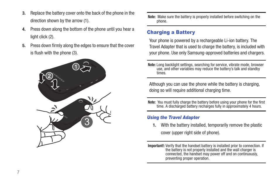 Charging a battery | Samsung Evergreen a667 User Manual | Page 12 / 153