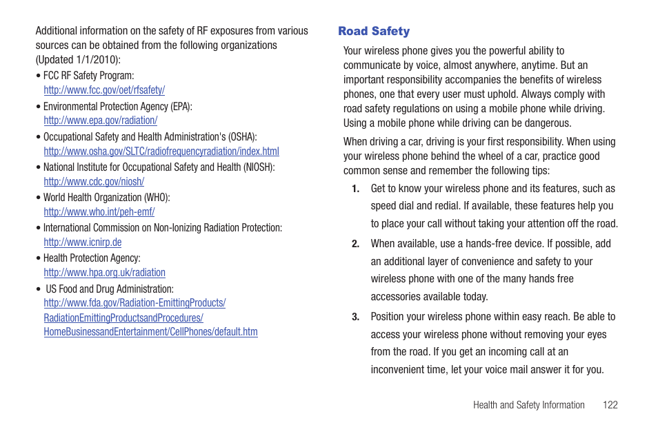 Road safety | Samsung Evergreen a667 User Manual | Page 127 / 153
