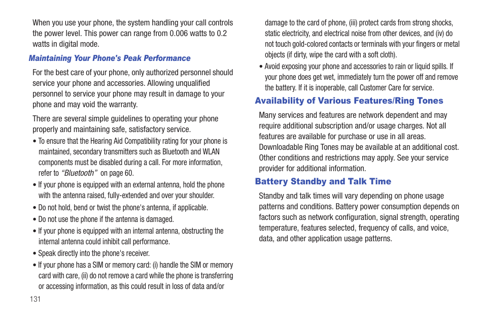 Availability of various features/ring tones, Battery standby and talk time | Samsung Evergreen a667 User Manual | Page 136 / 153