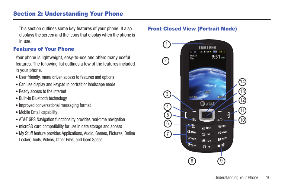 Section 2: understanding your phone, Features of your phone, Front closed view (portrait mode) | Samsung Evergreen a667 User Manual | Page 15 / 153
