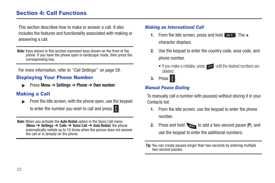Section 4: call functions, Displaying your phone number, Making a call | Displaying your phone number making a call | Samsung Evergreen a667 User Manual | Page 28 / 153