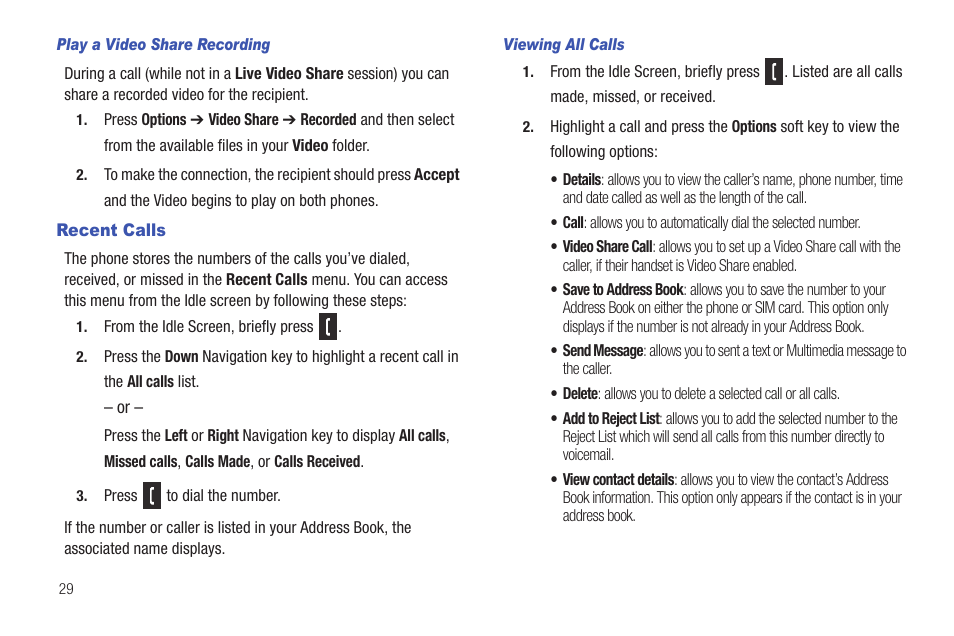 Recent calls | Samsung Evergreen a667 User Manual | Page 34 / 153