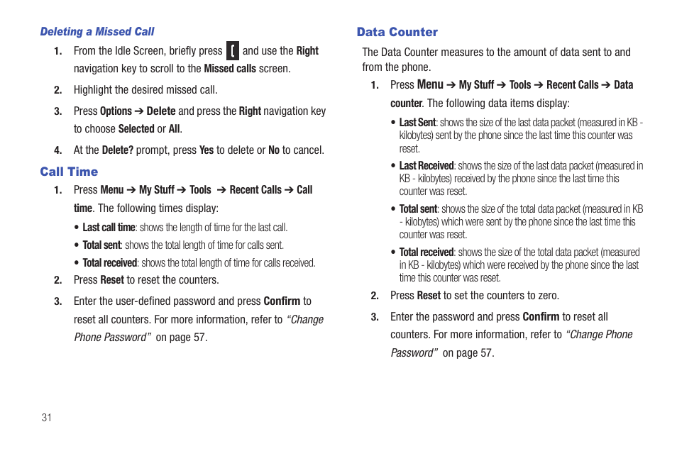 Call time, Data counter, Call time data counter | Samsung Evergreen a667 User Manual | Page 36 / 153