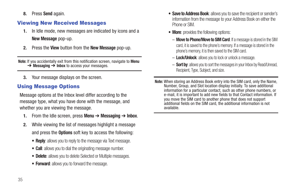 Viewing new received messages, Using message options | Samsung Evergreen a667 User Manual | Page 40 / 153