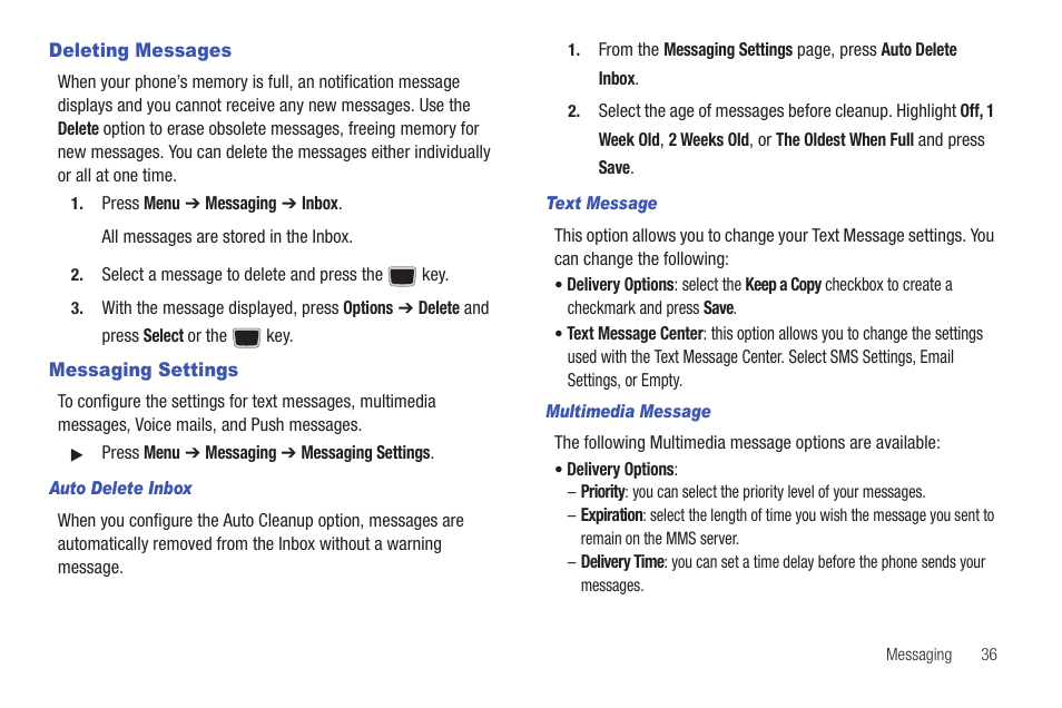 Deleting messages, Messaging settings, Deleting messages messaging settings | Samsung Evergreen a667 User Manual | Page 41 / 153