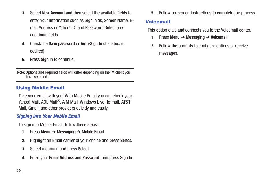 Using mobile email, Voicemail, Using mobile email voicemail | Samsung Evergreen a667 User Manual | Page 44 / 153