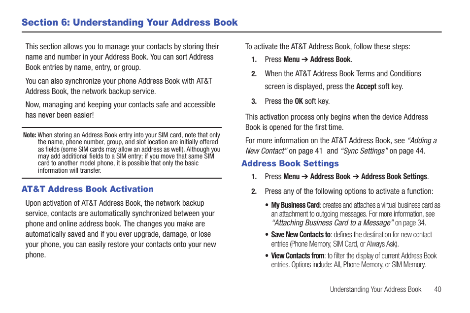 Section 6: understanding your address book, At&t address book activation, Address book settings | At&t address book activation address book settings | Samsung Evergreen a667 User Manual | Page 45 / 153