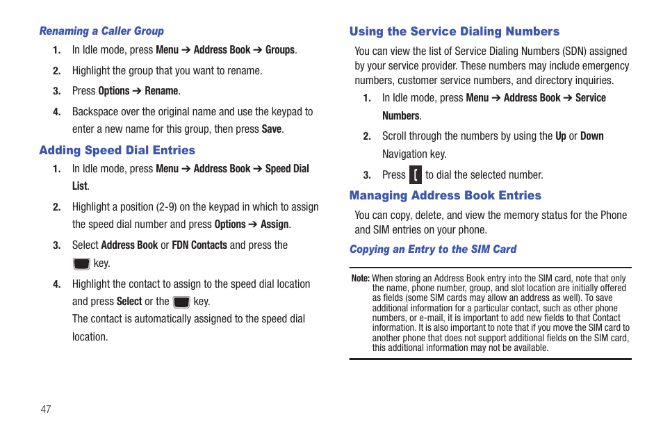 Adding speed dial entries, Using the service dialing numbers, Managing address book entries | Samsung Evergreen a667 User Manual | Page 52 / 153