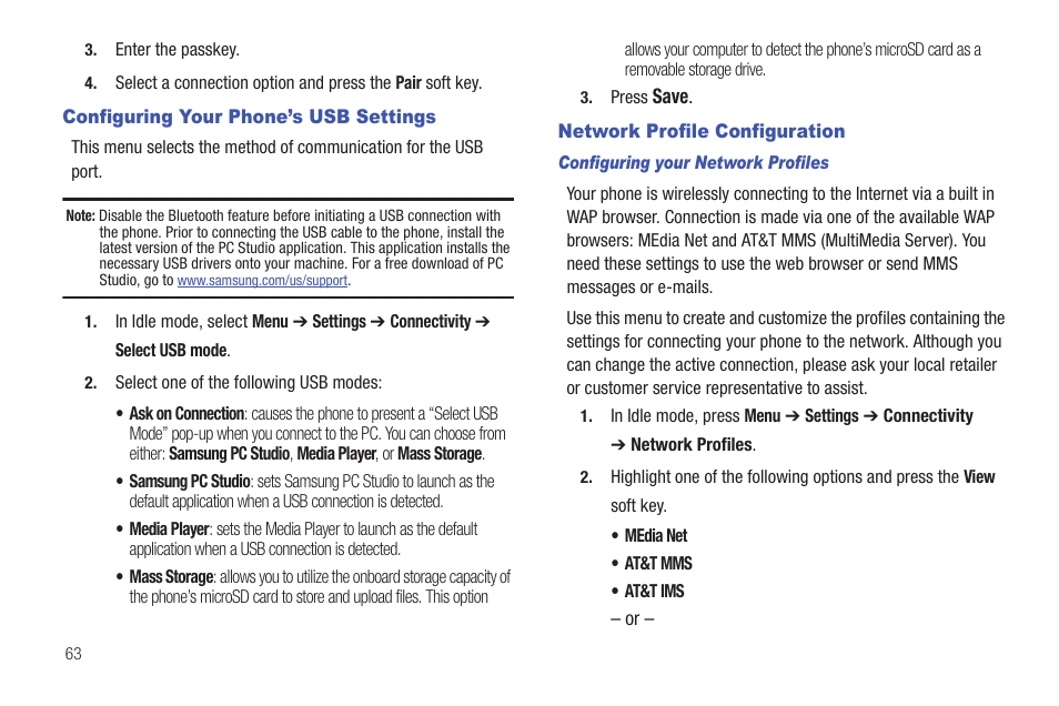 Configuring your phone’s usb settings, Network profile configuration | Samsung Evergreen a667 User Manual | Page 68 / 153