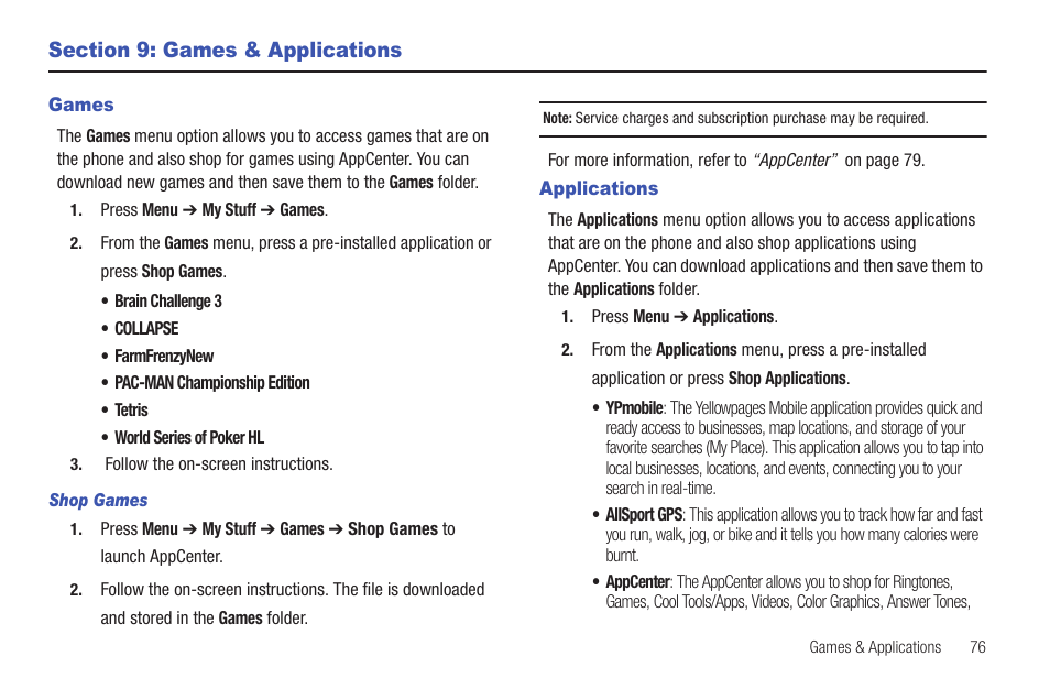 Section 9: games & applications, Games, Applications | Games applications | Samsung Evergreen a667 User Manual | Page 81 / 153