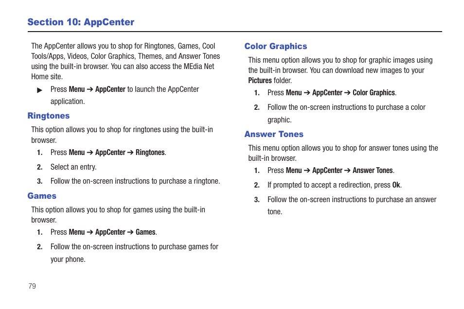 Section 10: appcenter, Ringtones, Games | Color graphics, Answer tones, Ringtones games color graphics answer tones | Samsung Evergreen a667 User Manual | Page 84 / 153