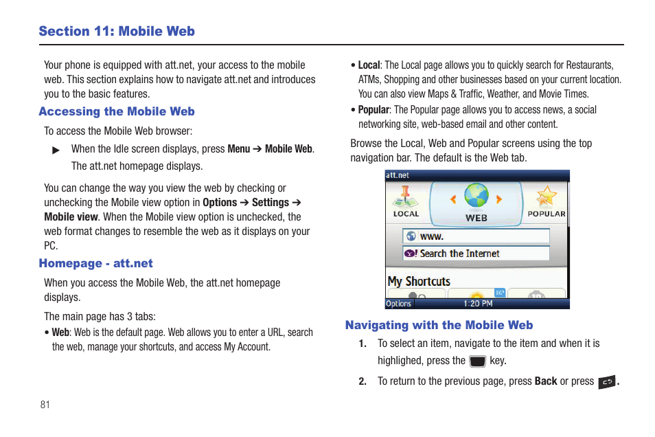 Section 11: mobile web, Accessing the mobile web, Navigating with the mobile web | Samsung Evergreen a667 User Manual | Page 86 / 153