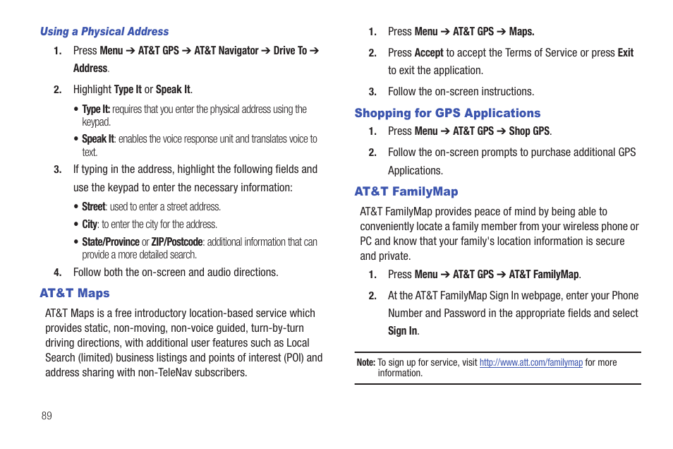 At&t maps, Shopping for gps applications, At&t familymap | Samsung Evergreen a667 User Manual | Page 94 / 153