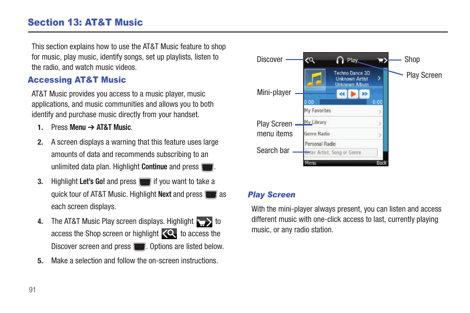 Section 13: at&t music, Accessing at&t music | Samsung Evergreen a667 User Manual | Page 96 / 153