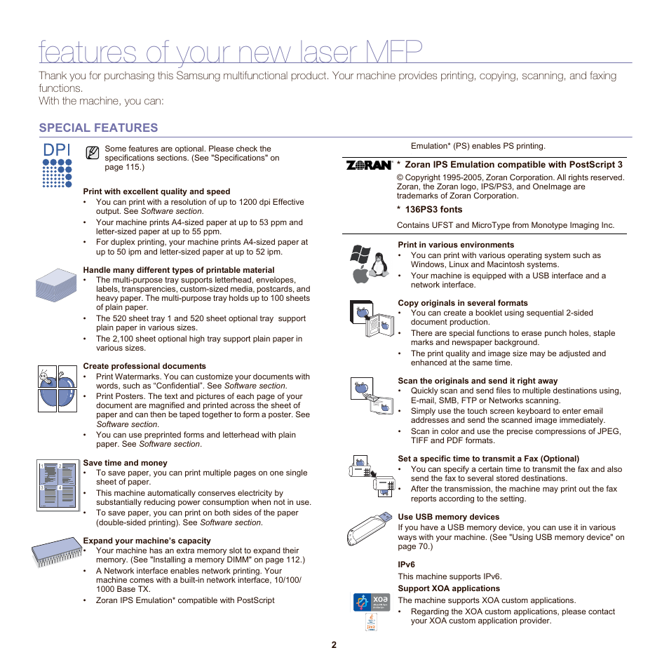 Features of your new laser mfp, Special features | Samsung SCX-6555NX User Manual | Page 2 / 176
