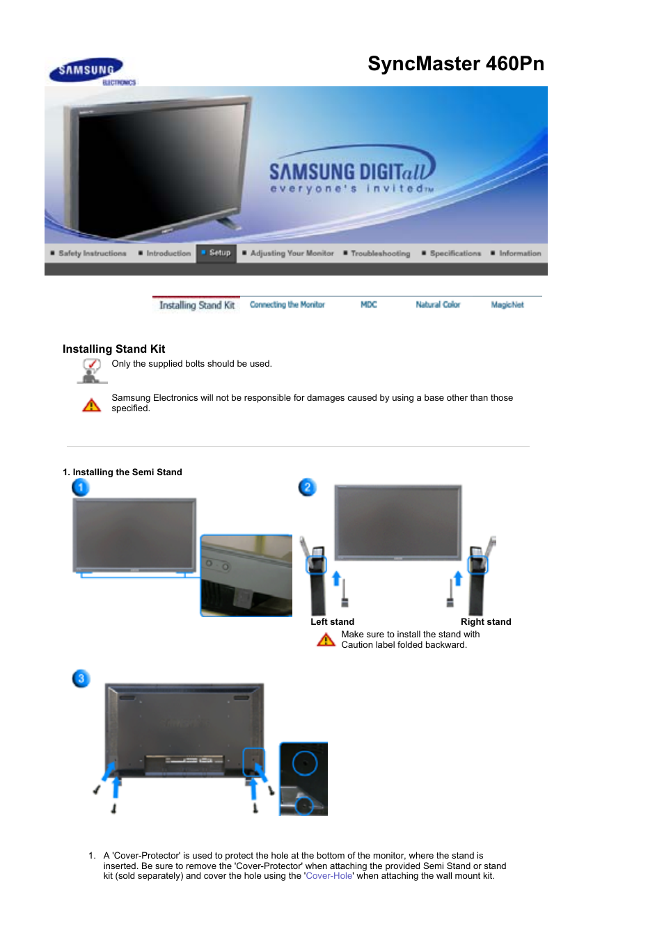 Installing stand kit, Connecting the monitor, Syncmaster 460p n | Samsung 460P User Manual | Page 38 / 154