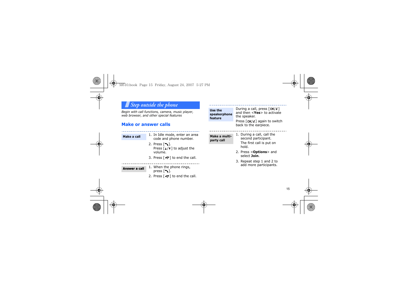 Step outside the phone, Make or answer calls, Browser, and other special features | Samsung SGH-M610 User Manual | Page 17 / 49