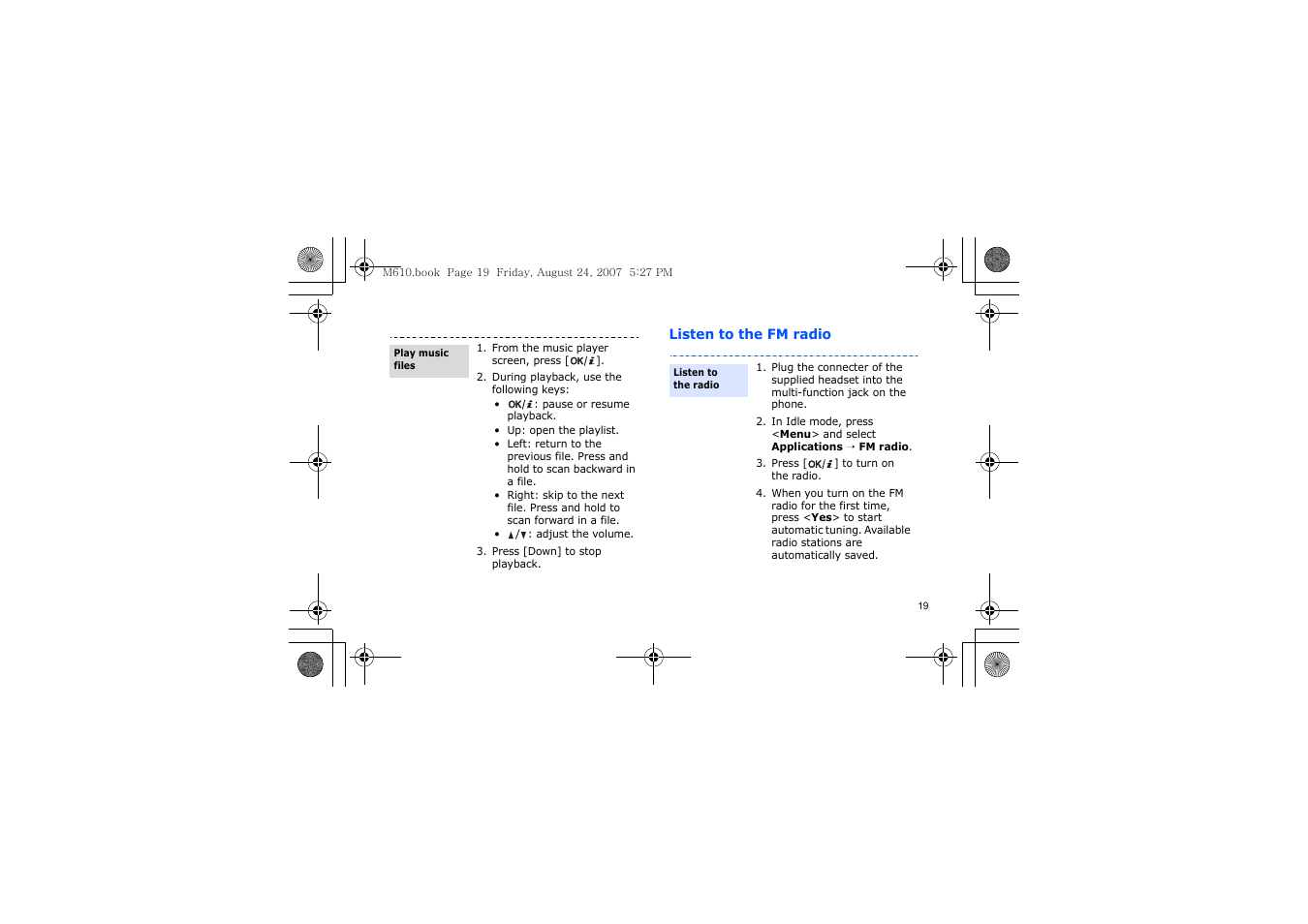 Listen to the fm radio | Samsung SGH-M610 User Manual | Page 21 / 49