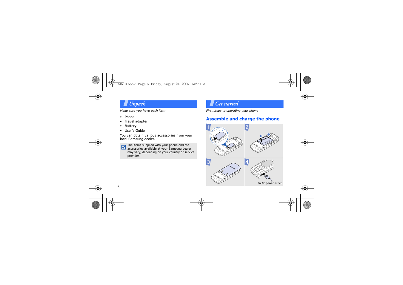 Unpack, Get started, Assemble and charge the phone | Make sure you have each item, First steps to operating your phone | Samsung SGH-M610 User Manual | Page 8 / 49