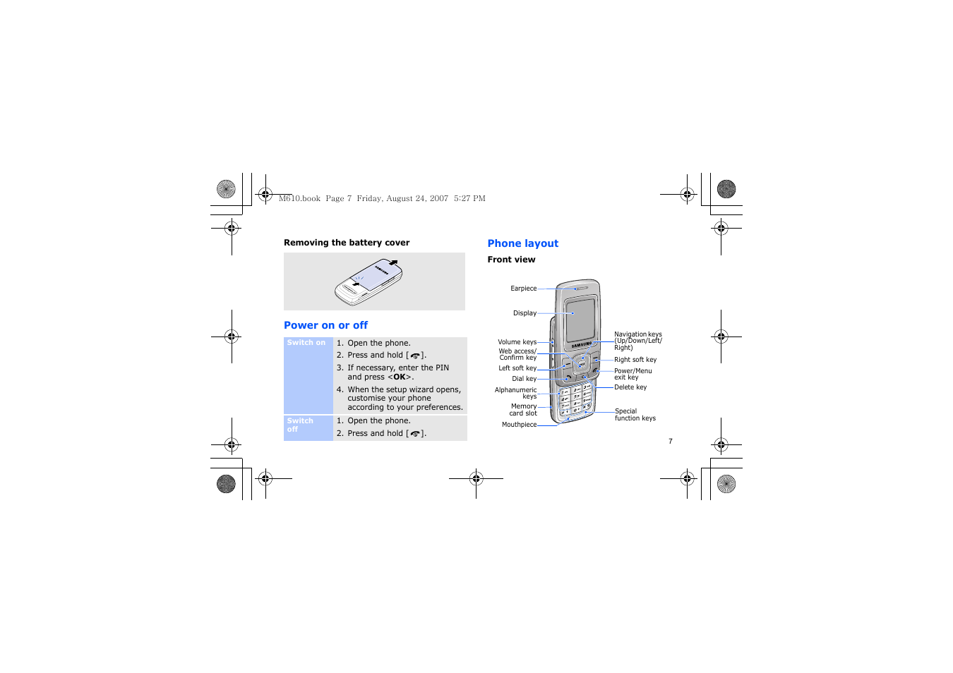 Power on or off, Phone layout | Samsung SGH-M610 User Manual | Page 9 / 49