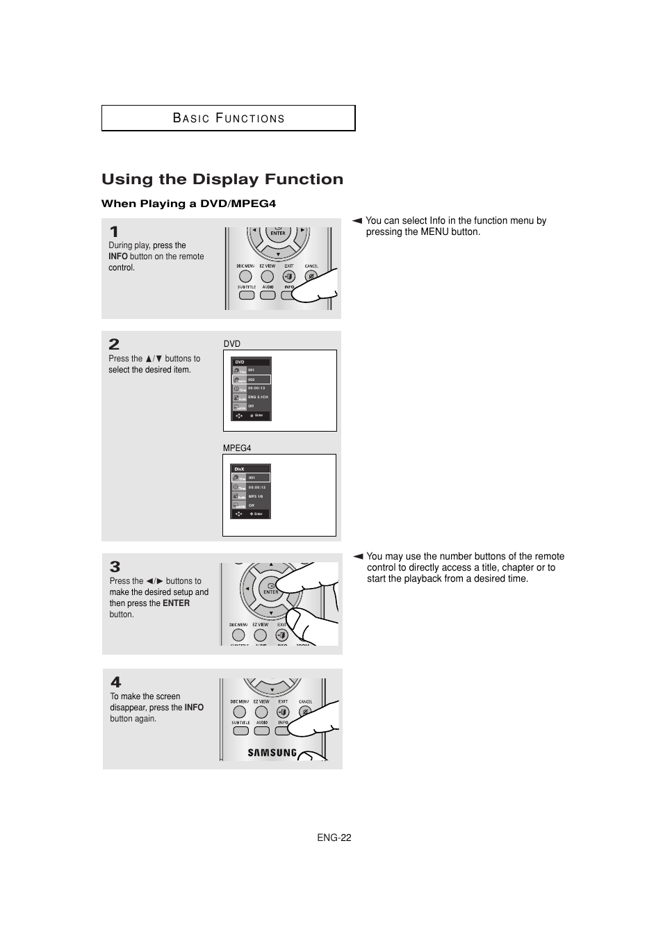 Using the display function | Samsung DVD-1080P8 User Manual | Page 22 / 103