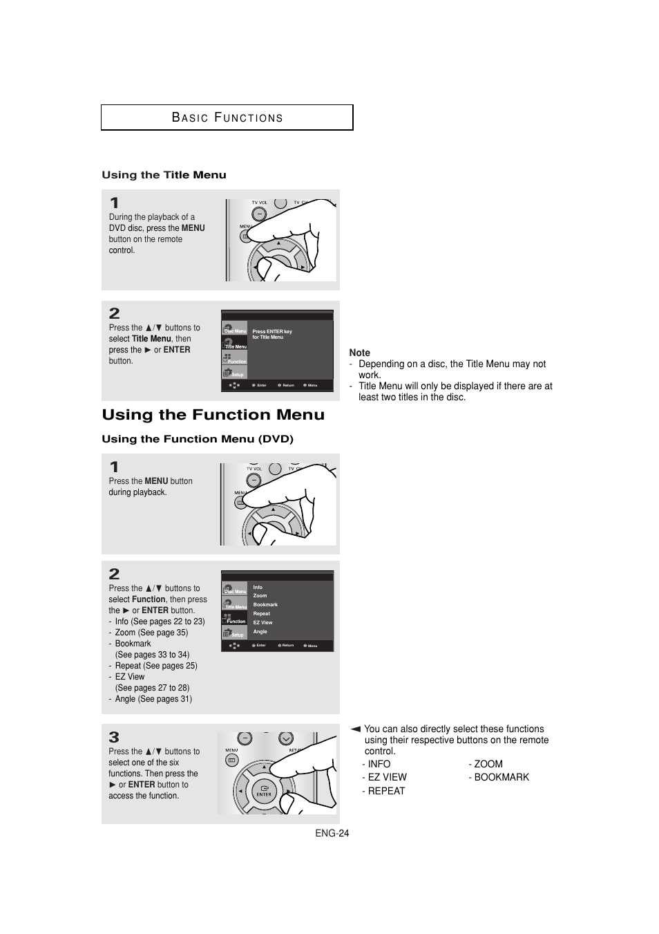 Using the function menu | Samsung DVD-1080P8 User Manual | Page 24 / 103
