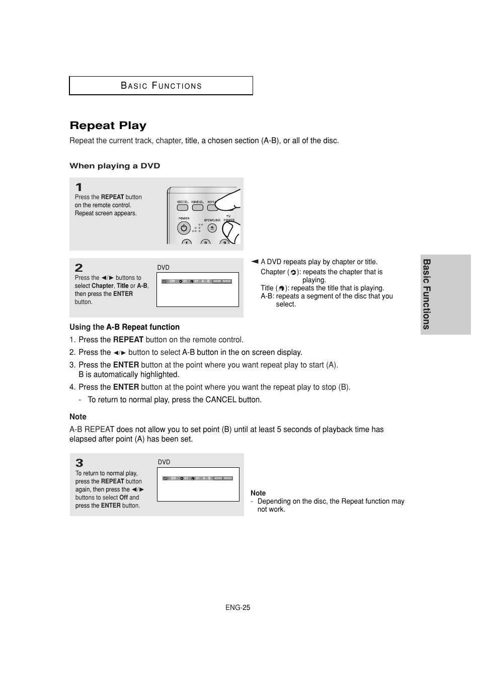 Repeat play, Basic functions | Samsung DVD-1080P8 User Manual | Page 25 / 103