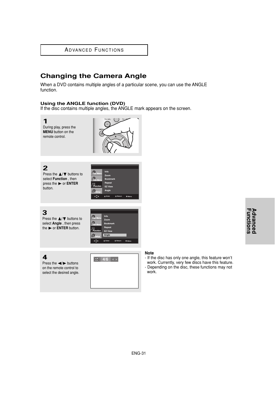 Changing the camera angle, Advanced functions a | Samsung DVD-1080P8 User Manual | Page 31 / 103