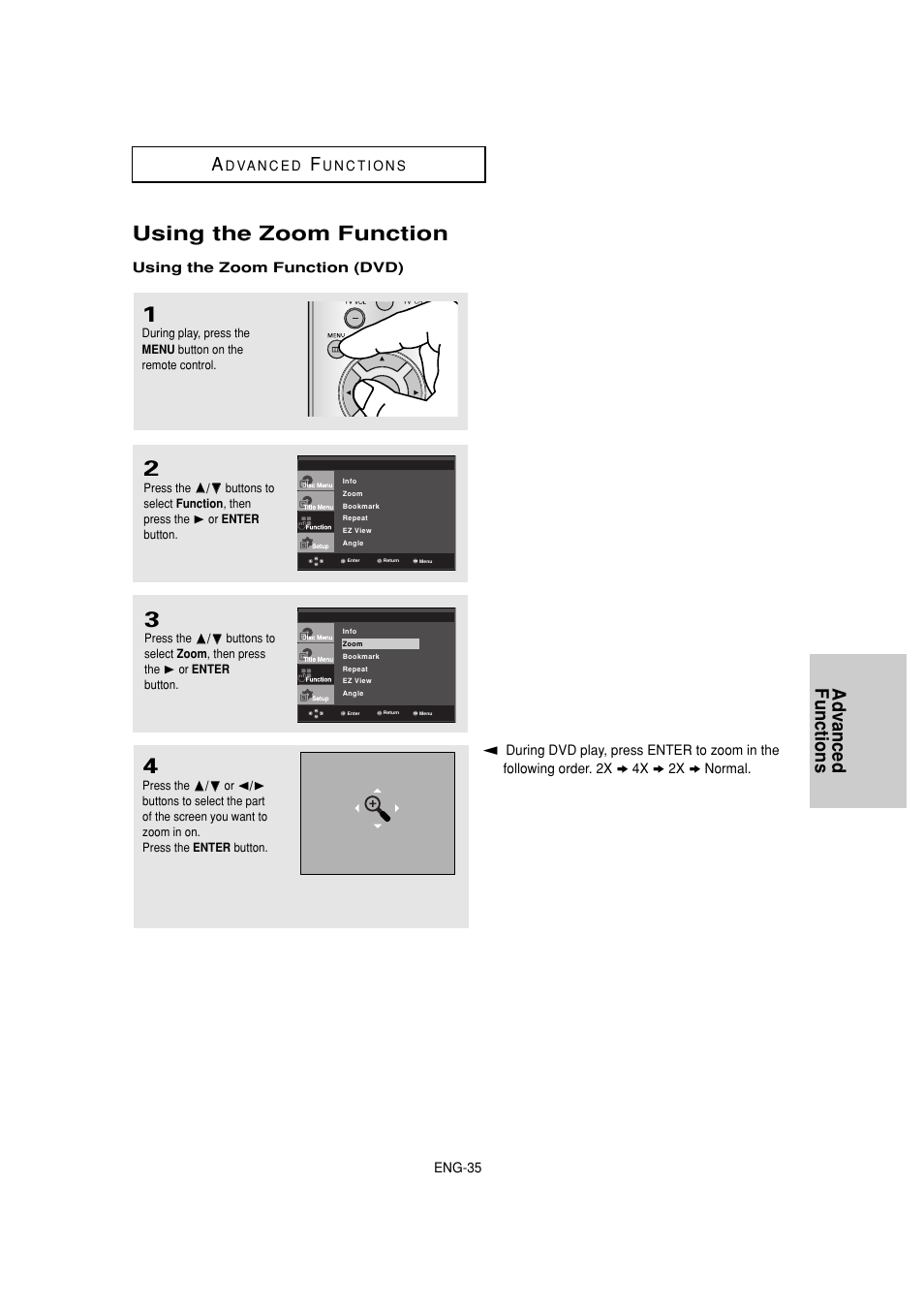 Using the zoom function, Advanced functions a | Samsung DVD-1080P8 User Manual | Page 35 / 103