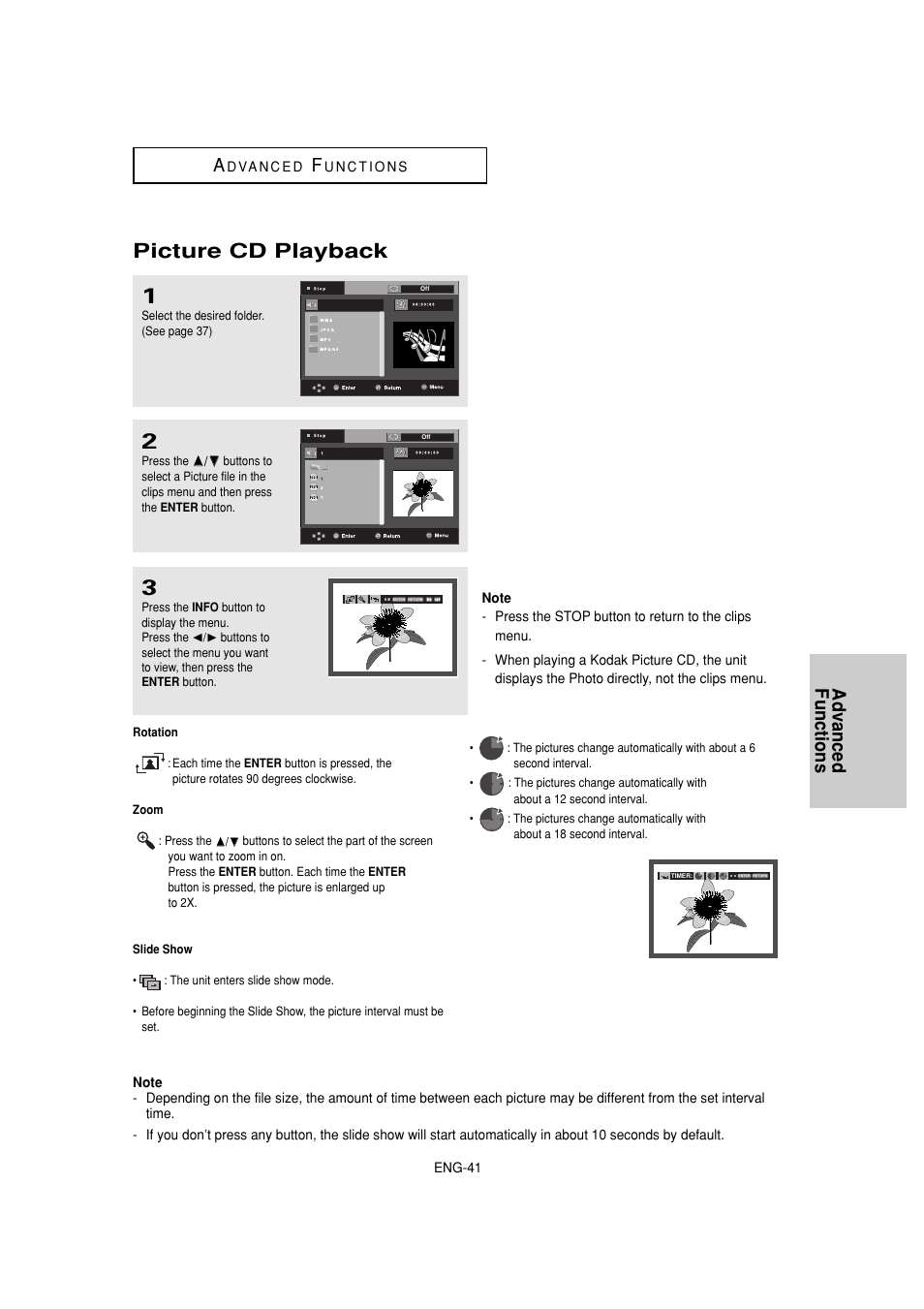 Picture cd playback, Advanced functions a | Samsung DVD-1080P8 User Manual | Page 41 / 103