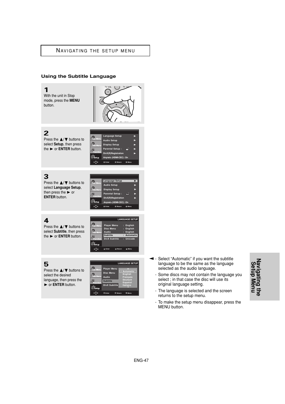 Navigating the setup menu n, Eng-47 | Samsung DVD-1080P8 User Manual | Page 47 / 103