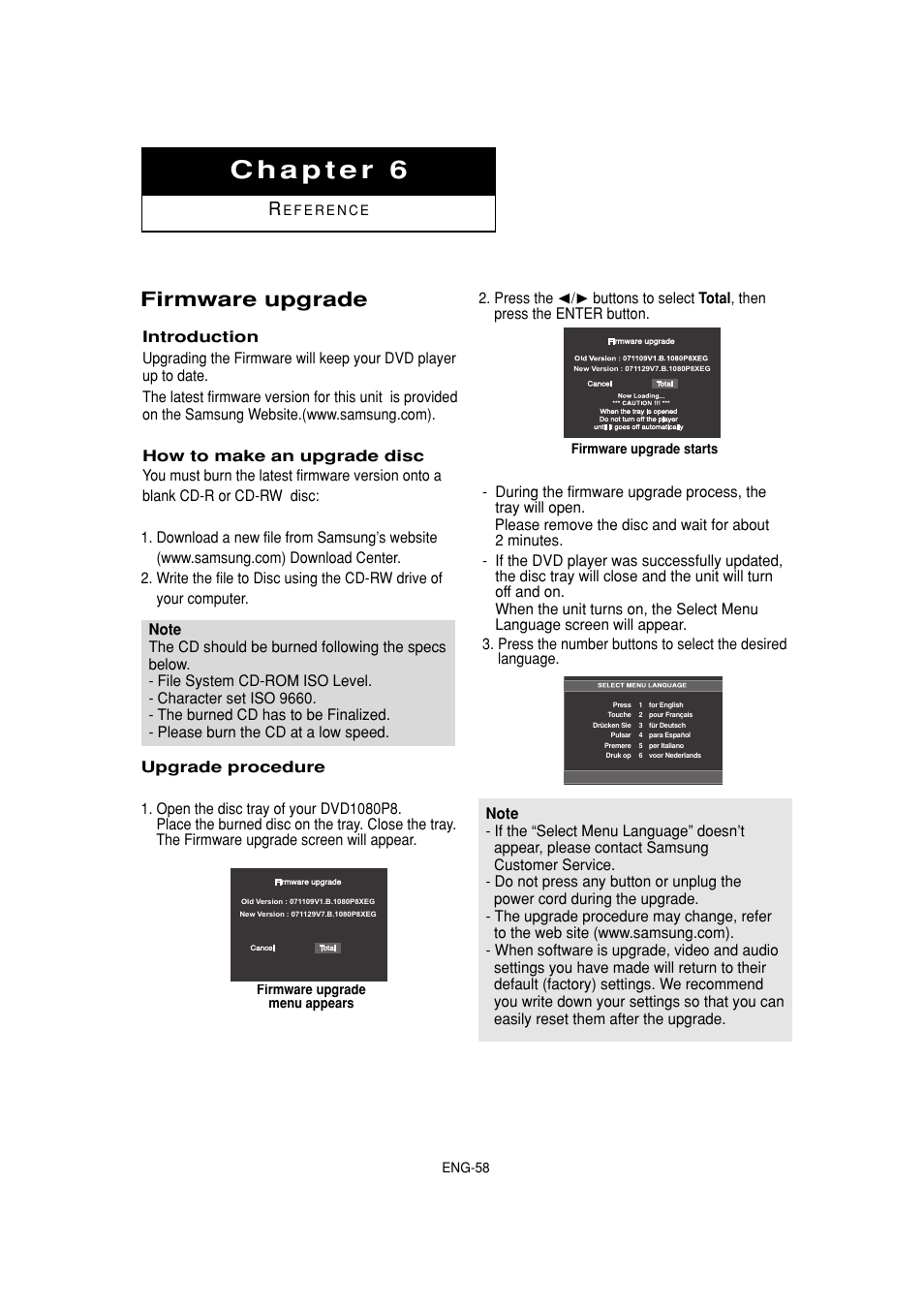 Firmware upgrade | Samsung DVD-1080P8 User Manual | Page 58 / 103