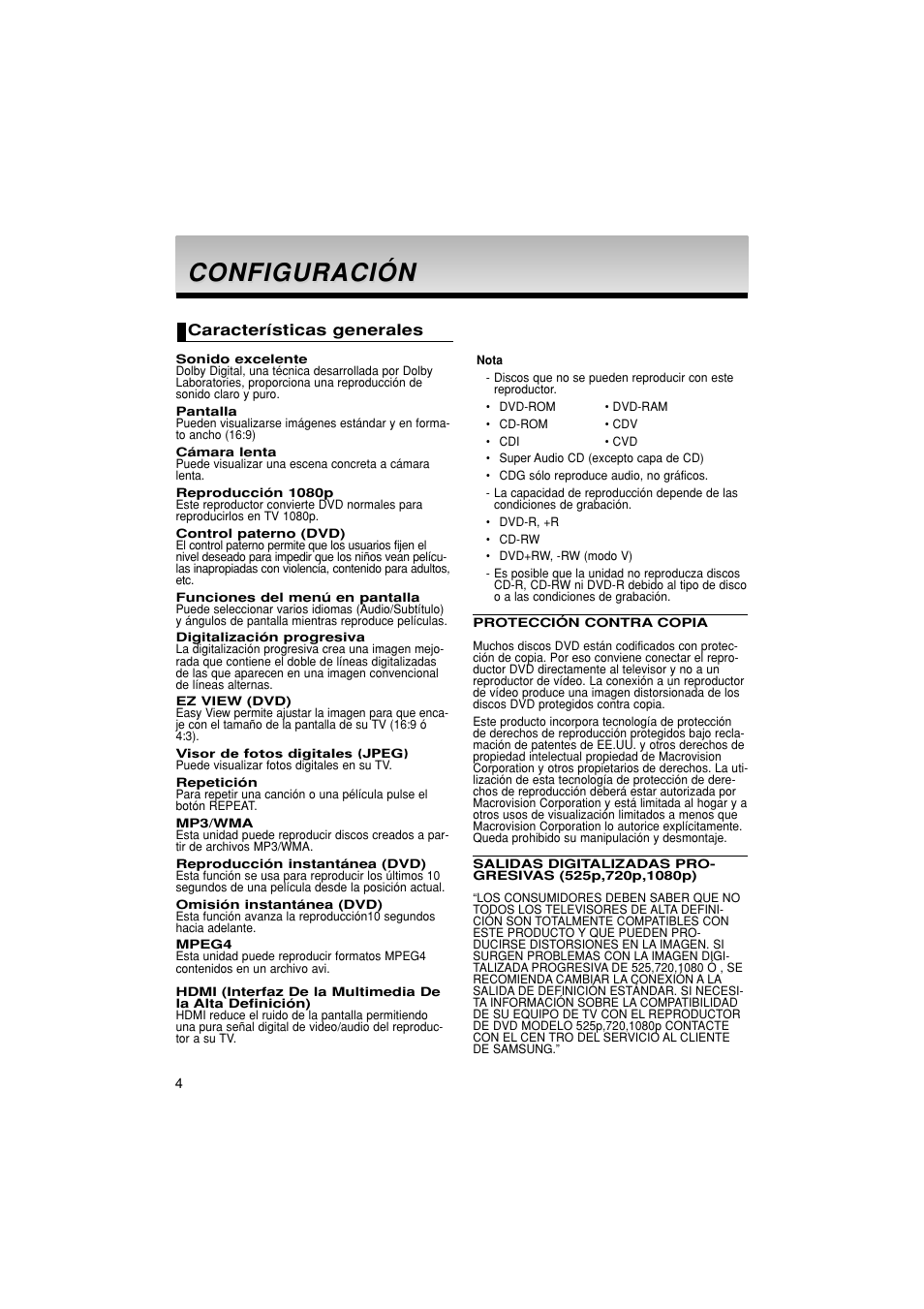 Configuración | Samsung DVD-1080P8 User Manual | Page 67 / 103